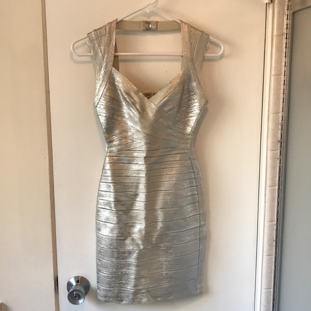 Herve Leger By Max Azaria Silver Dress